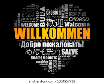 Willkommen (Welcome in German) love heart word cloud in different languages