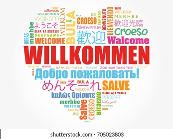 Willkommen (Welcome in German) love heart word cloud in different languages, conceptual background