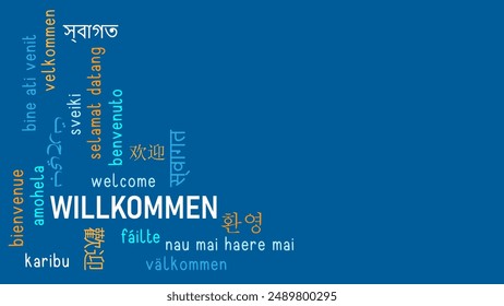 WILLKOMMEN (WELCOME in German) vector word cloud on dark blue background with copy space