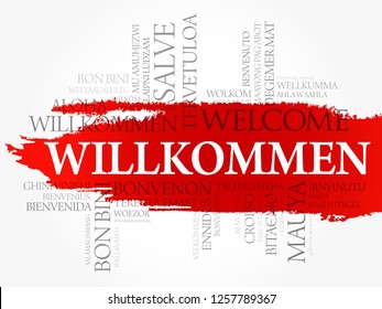 Willkommen, Welcome in German. Word cloud in different languages, conceptual background