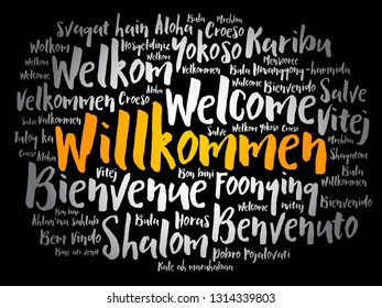 Willkommen - Welcome in German. Word cloud in different languages, conceptual background