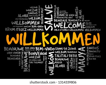 Willkommen - Welcome in German. Word cloud in different languages, conceptual background