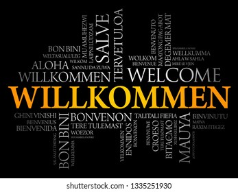 Willkommen, Welcome in German. Word cloud in different languages, conceptual background