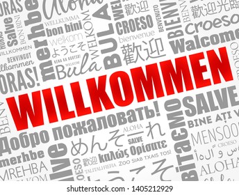 Willkommen (Welcome in German) word cloud in different languages, conceptual background