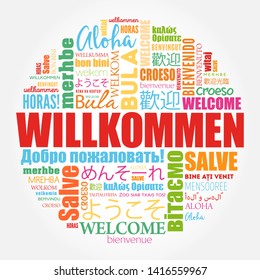 Willkommen (Welcome in German) word cloud in different languages, conceptual background