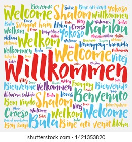 Willkommen (Welcome in German) word cloud in different languages, conceptual background