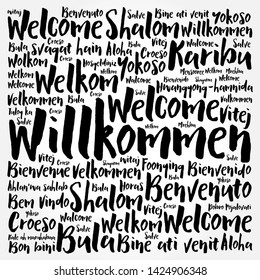 Willkommen (Welcome in German) word cloud in different languages, conceptual background