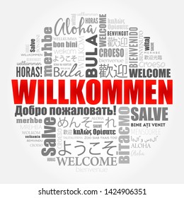 Willkommen (Welcome in German) word cloud in different languages, conceptual background