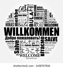 Willkommen (Welcome in German) word cloud in different languages, conceptual background