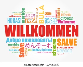 Willkommen (Welcome in German) word cloud in different languages, conceptual background