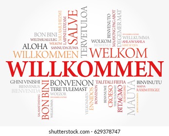 Willkommen (Welcome in German) word cloud in different languages, conceptual background