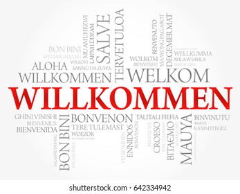 Willkommen (Welcome in German) word cloud in different languages, conceptual background