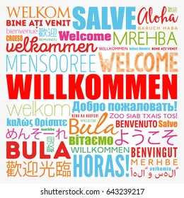 Willkommen (Welcome in German) word cloud in different languages, conceptual background