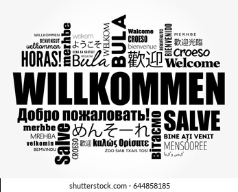 Willkommen (Welcome in German) word cloud in different languages, conceptual background