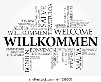 Willkommen (Welcome in German) word cloud in different languages, conceptual background