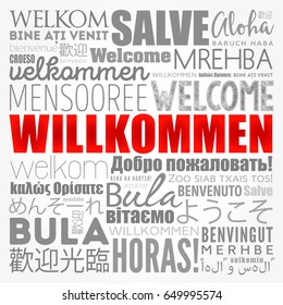 Willkommen, Welcome in German, word cloud in different languages, conceptual background