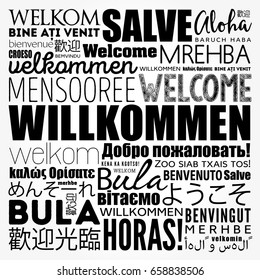 Willkommen, Welcome in German, word cloud in different languages, conceptual background