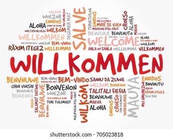 Willkommen (Welcome in German) word cloud in different languages, conceptual background