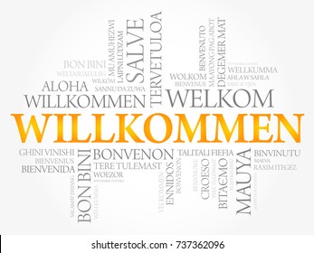 Willkommen (Welcome in German) word cloud in different languages, conceptual background