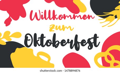 Willkommen zum Oktoberfest 2019 lettering. Colorful typography vector design for greeting cards and poster. Beer Festival vector banner with traditional colors of german flag. 