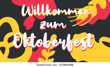 Willkommen zum Oktoberfest 2019 lettering. Colorful typography vector design for greeting cards and poster. Beer Festival vector banner with traditional colors of german flag. 