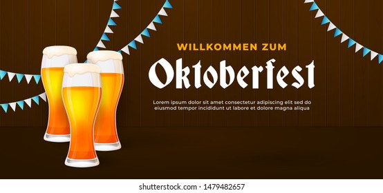 Willkommen Zum Oktoberfest banner poster design. Set of Beer glass vector illustration at wooden bar background with bavaria flag ornament. German translation : Welcome to.