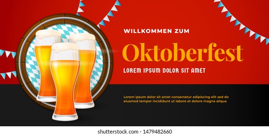 Willkommen Zum Oktoberfest banner poster design. Beer glass vector illustration with barrel background and bavaria flag ornament. German translation : Welcome to.