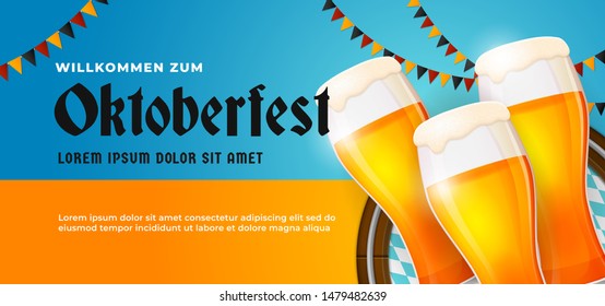 Willkommen Zum Oktoberfest festive banner poster design. Beer glass vector illustration with barrel background and bavaria germany flag ornament. German translation : Welcome to.