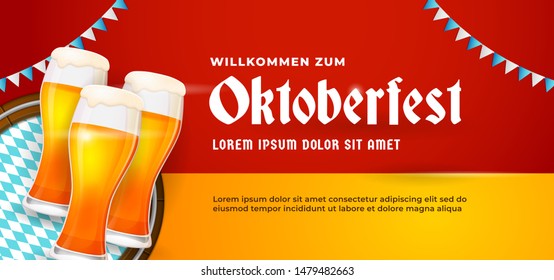 Willkommen Zum Oktoberfest festive banner poster design. Beer glass vector illustration with barrel background and bavaria flag ornament. German translation : Welcome to.