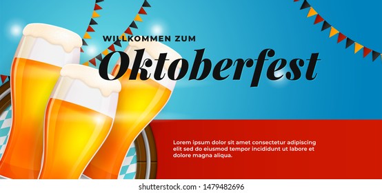 Willkommen Zum Oktoberfest festive banner poster design. Beer glass vector illustration with barrel background and bavaria germany flag ornament. German translation : Welcome to.