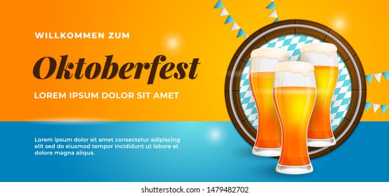 Willkommen Zum Oktoberfest festive banner poster design. Beer glass vector illustration with barrel background and bavaria flag ornament. German translation : Welcome to.