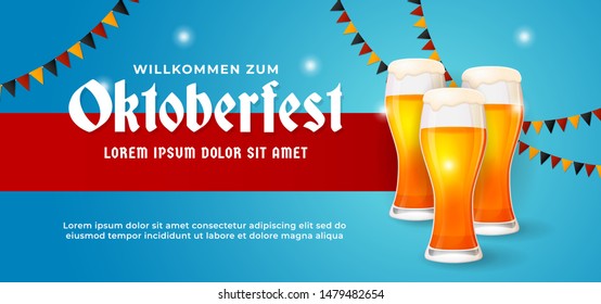 Willkommen Zum Oktoberfest festive party banner background design. Beer glass vector illustration with germany flag ornament. German translation : Welcome to.