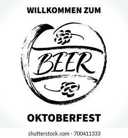 Willkommen zum Oktoberfest (German) / Welcome to Oktoberfest (English). Beer lettering with hand drawn hop cones. Modern calligraphy, brush painted letters. Vector illustration.