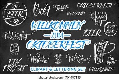 Willkommen zum Oktoberfest (German) / Welcome to Oktoberfest (English) lettering and clipart vector  set. Handwritten modern calligraphy, brush painted letters. Template for design or merchandising.