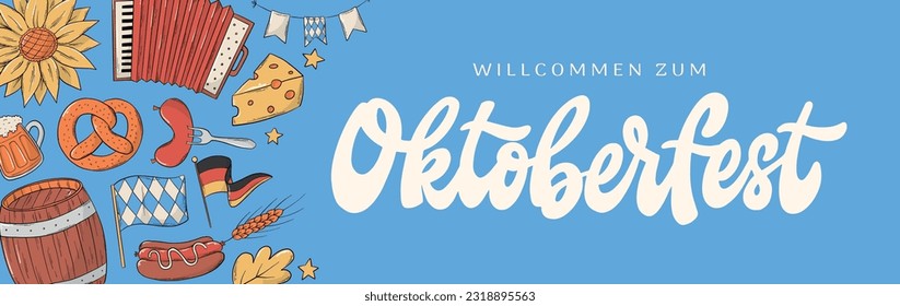 Willkommen zum Oktoberfest lettering quote decorated with doodles on blue backhground for social media banners, prints, cards, cards, signs, invitations, etc. EPS 10