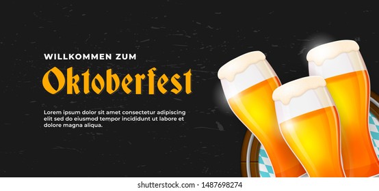 Willkommen Zum Oktoberfest poster banner template design. Beer glass on scratched black board background vector illustration.German translation : Welcome to