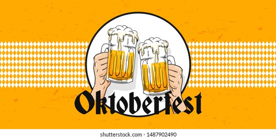 Willkommen Zum Oktoberfest poster banner template design. Two hand holding full glass of bear toasting vector illustration on scratched yellow board background.