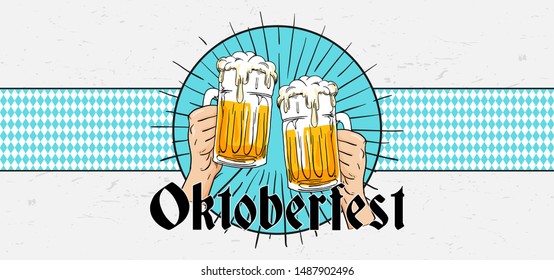 Willkommen Zum Oktoberfest poster banner template design. Two hand holding full glass of bear toasting vector illustration on scratched white board background.