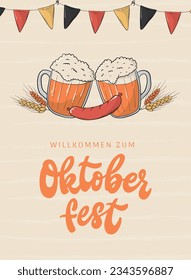 Willkommen zum Oktoberfest - "Willkommen zum Oktoberfest" Poster, Karte, Druck, Banner mit Zitat und Doodles auf strukturiertem Hintergrund. Einladung Vorlage Design. EPS10