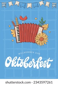 Willkommen zum Oktoberfest - 'Willkommen zum Oktoberfest' Druck, Karte, Plakat, Einladung Design dekoriert mit Doodles und Schrift Zitat auf strukturiertem, blauem Hintergrund. EPS10