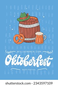 Willkommen zum Oktoberfest - Vertikale Karte "Willkommen zum Oktoberfest", die mit Doodles geschmückt ist und auf blauem strukturiertem Hintergrund ein Zitat für Grußkarten, Plakate, Drucke, Einladungen, Schilder usw. enthält