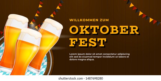 Willlkommen Zum Oktoberfest banner poster template design. Beer glass on wooden wall background vector illustration with germany flag ornament. German translation : Welcome to