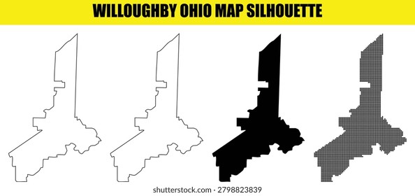 Willoughby ohio map silhouette vector shape illustration. Set includes solid black outline thin stroke and dotted halftone designs. Isolated city boundary graphics perfect for cartography web projects.