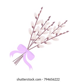 Willow bouquet bandaged with ribbon, easter symbol on white isolated background. Vector illustration.