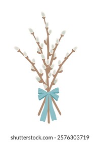 Willow branch with a bow. Willow tree decorated with ribbon. Hand-drawn vector illustration. For greeting cards, printing on fabric and paper. Design for spring and Easter decorations.