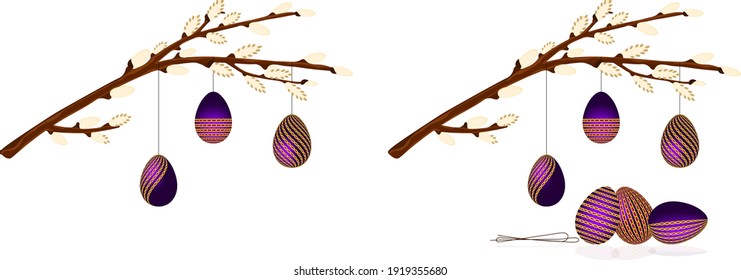 willow branch with budding buds on Easter holiday, colorful eggs hang on the branch on a white background 