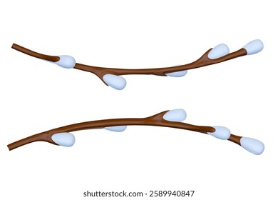 Willow branch with buds in 3d realistic style. Design element of spring plant. Bright render vector illustration.