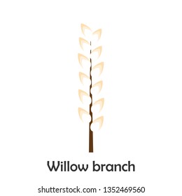 Willow branch in cartoon style, spring card for kid, preschool activity for children, vector illustration