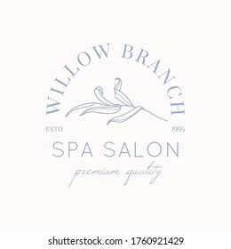 Willow branch with leaves logo design template in simple minimal linear style. Abstract Feminine Vector Signs with Floral Illustration for Beauty Studio, SPA salon, Organic cosmetics, creative studio