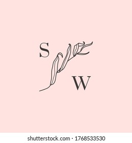Willow branch with leaves monogram in simple minimal linear style. Abstract Feminine Vector Logo with Floral Illustration for Beauty Studio, SPA salon, Organic cosmetics, wedding